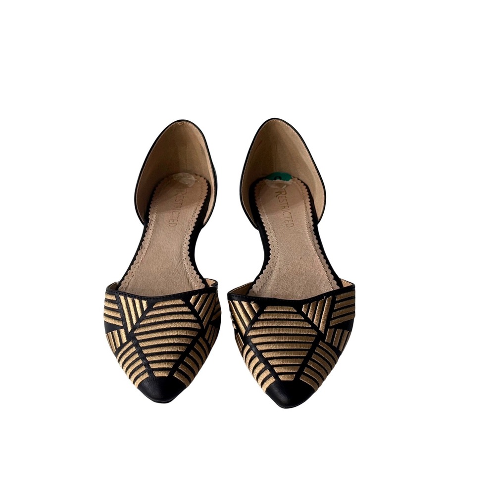 Restricted Womens Black Gold Geometric Embroidered Pointed Toe dOrsay Flats Sz 8
